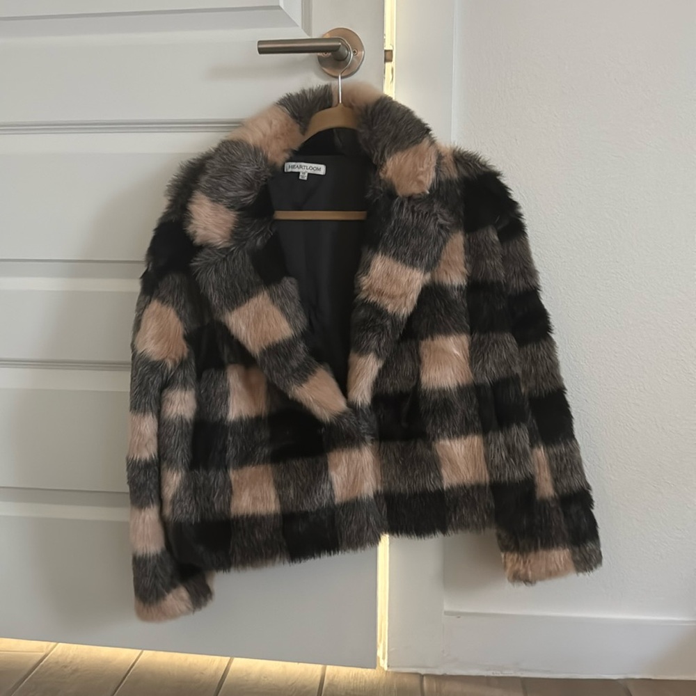 XS EUC heartloom plaid faux fur coat